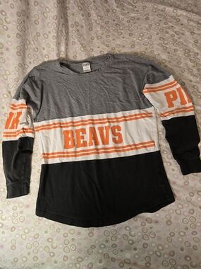 PINK Victoria's Secret Gray White Black Long Sleeve Top OSU Beavers